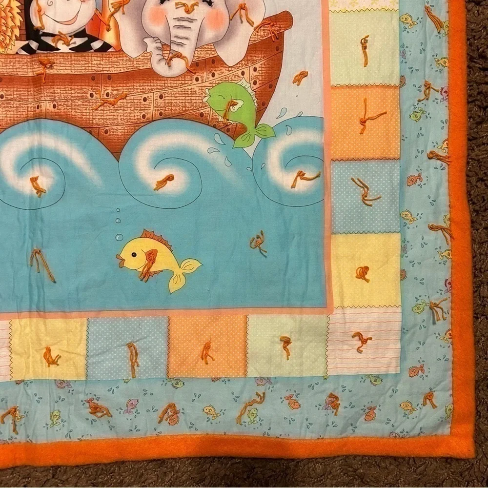 Noah’s Ark Quilt Handmade 36”x45” Orange Blue Baby Gender Neutral Nursery